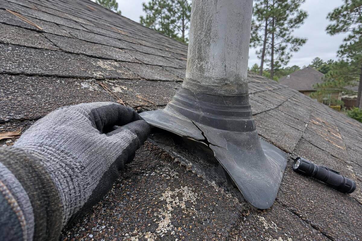Gloved hand lifting the edge of a cracked rubber vent collar on a worn shingle roof