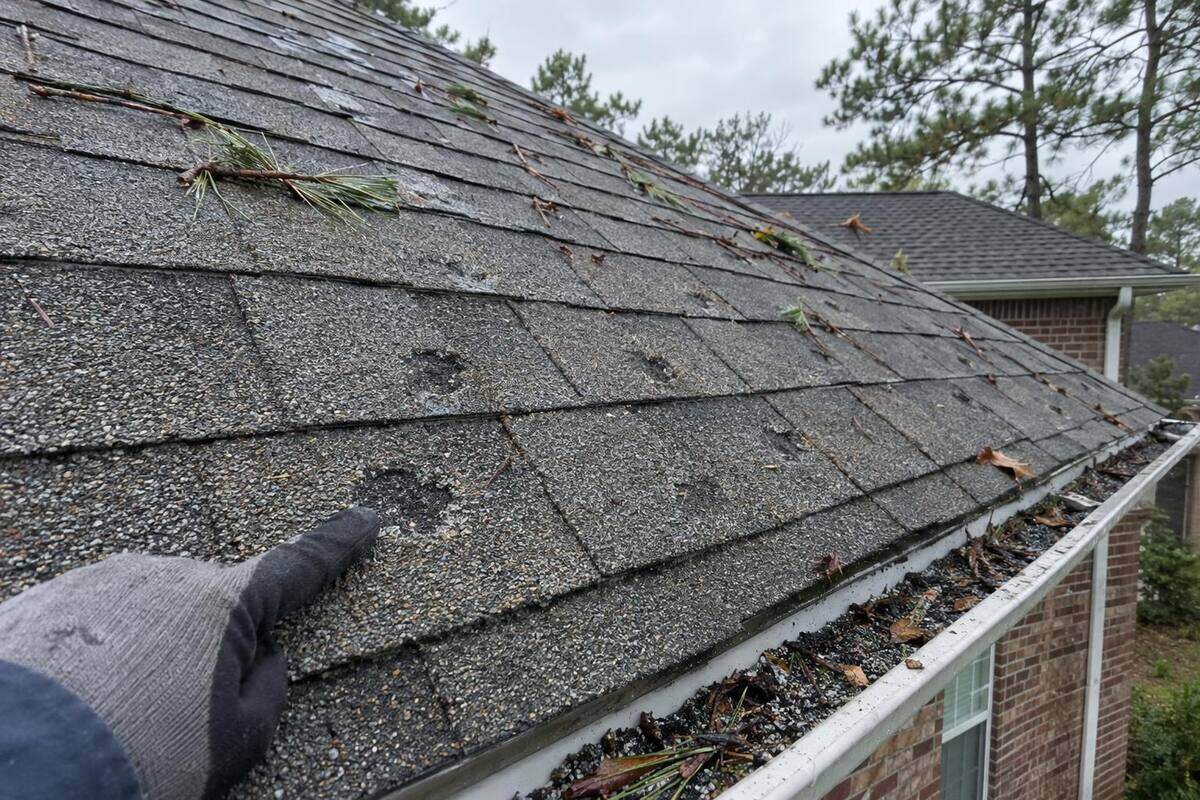 Gloved finger pointing at dark round marks on a gray shingle roof, loose granules in the gutter