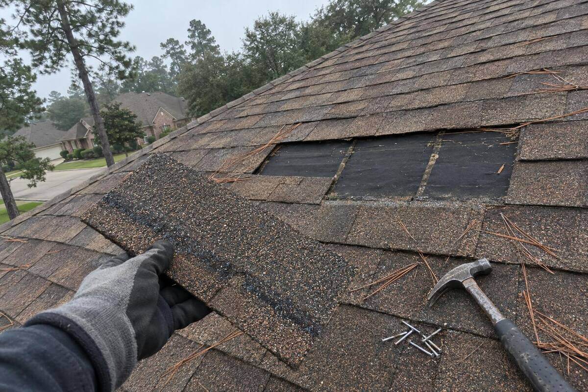 Brown shingle roof with three tabs missing and black felt showing, a hand holding a shingle