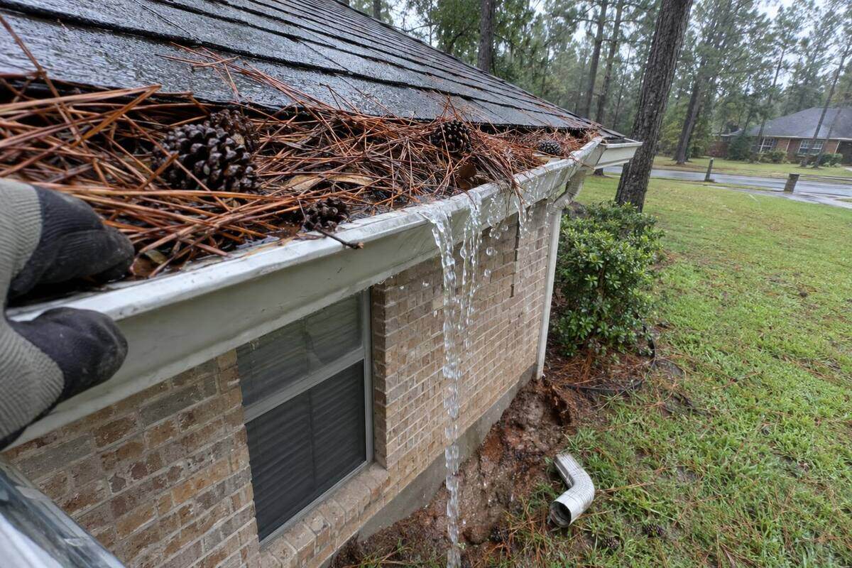 Aluminum gutter packed with pine needles and cones, water spilling over the front edge