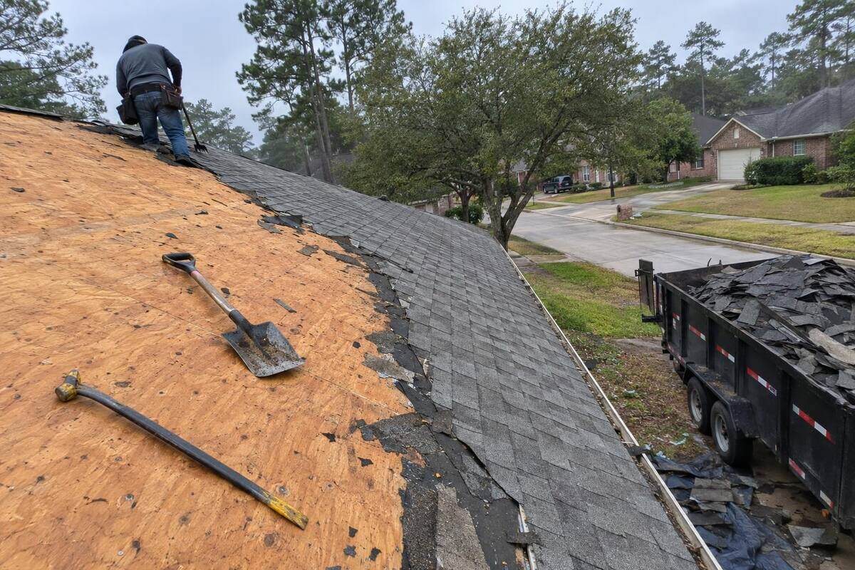 Roof half stripped to plywood decking with old gray shingles on the other half and a trailer of debris below